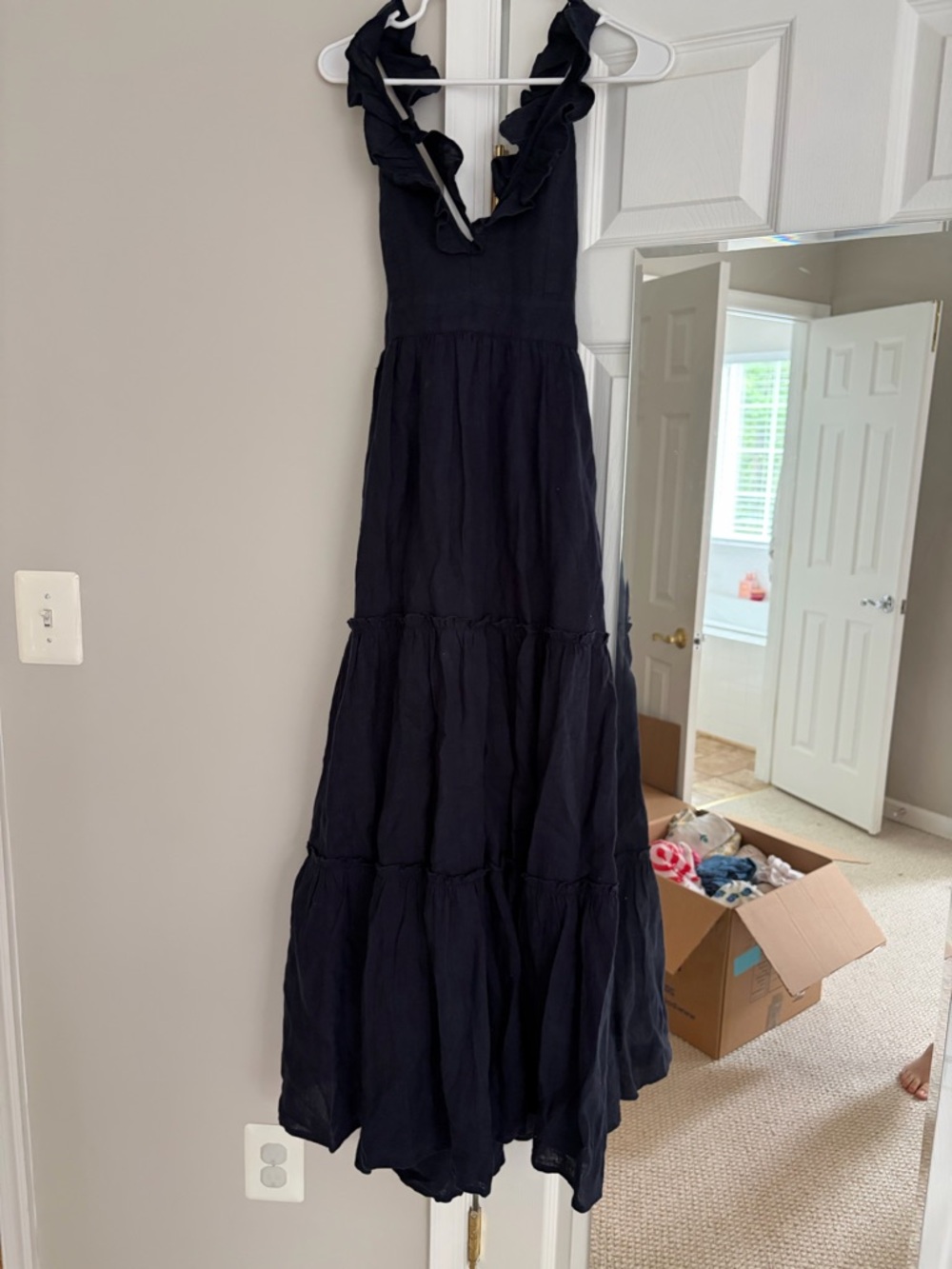 Ruffled V-Neck Maxi Dress - Navy